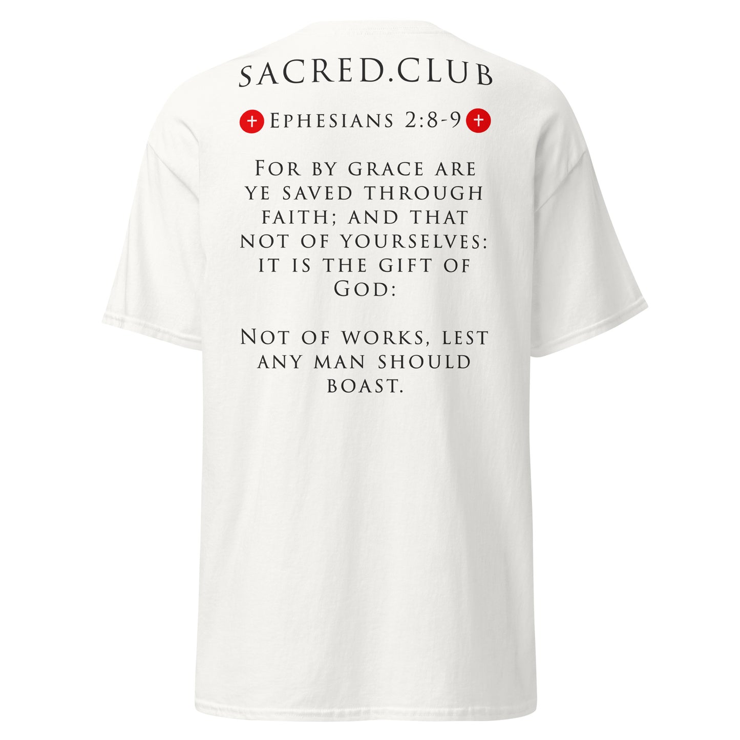 Sacred Cross Embroidered T-Shirt: Ephesians 2:8-9 Evangelism Edition